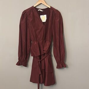 NWT Marie Oliver mini Umbra Burgundy Maroon taffeta belted dress size S